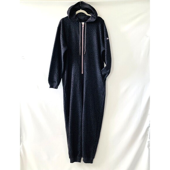 Fabletics Womens Gray Onesie Leopard Print Forever Fleece Hooded Size L - Picture 1 of 14